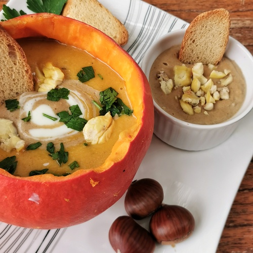 Recette de Noël!  Velouté de potimarron aux chataîgnes et sa crème de cèpes !