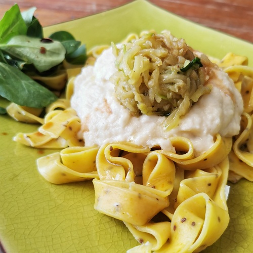 Rubans citron chia, crème de chou fleur et spaghettis de courgette !